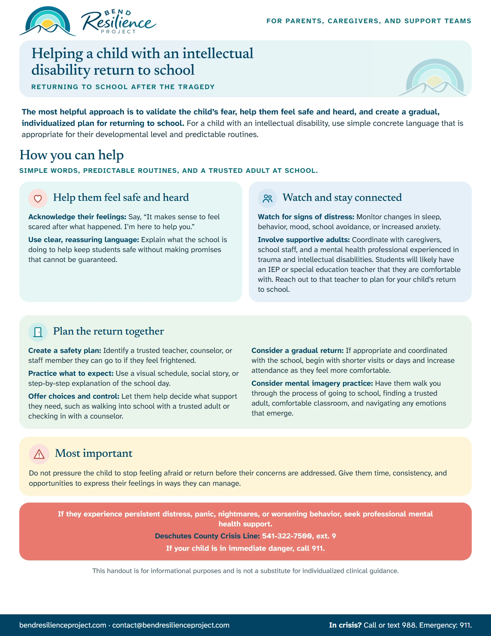 The pages of Helping a child with an intellectual disability return to school. Download the PDF to print it or read it as text.