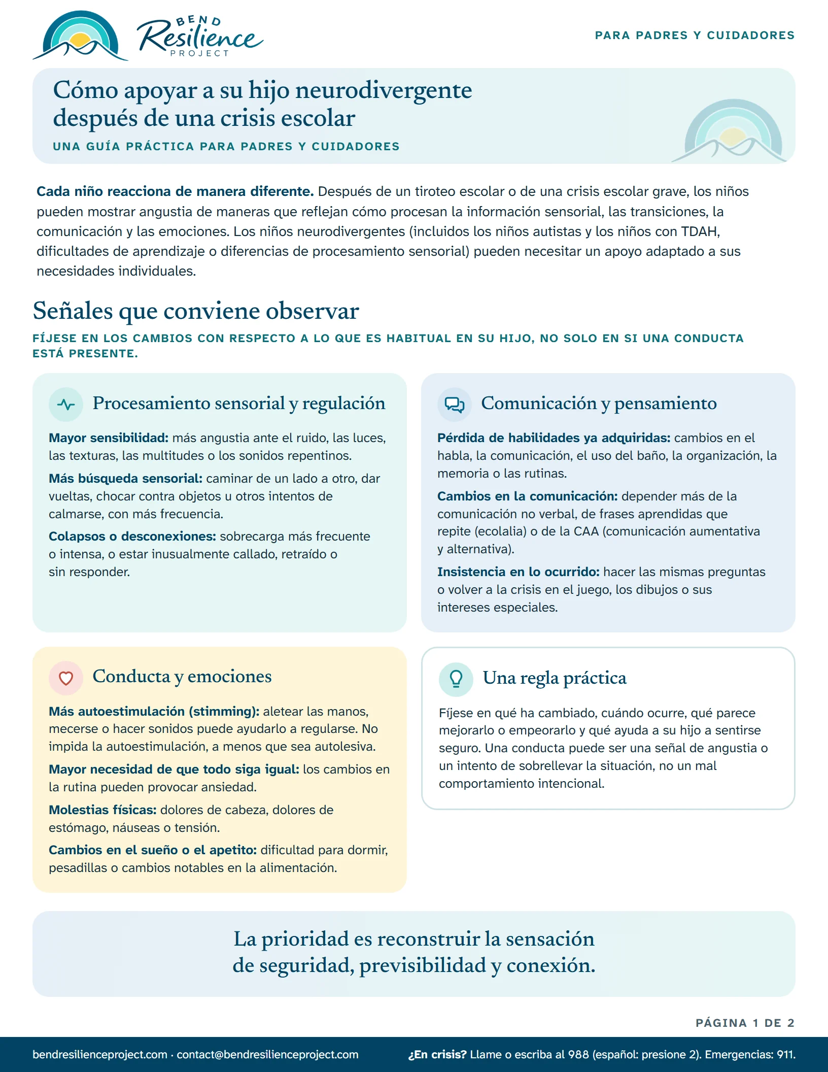 Las páginas de “Cómo apoyar a su hijo neurodivergente después de una crisis escolar”. Descargue el PDF para imprimirlo o leerlo como texto.