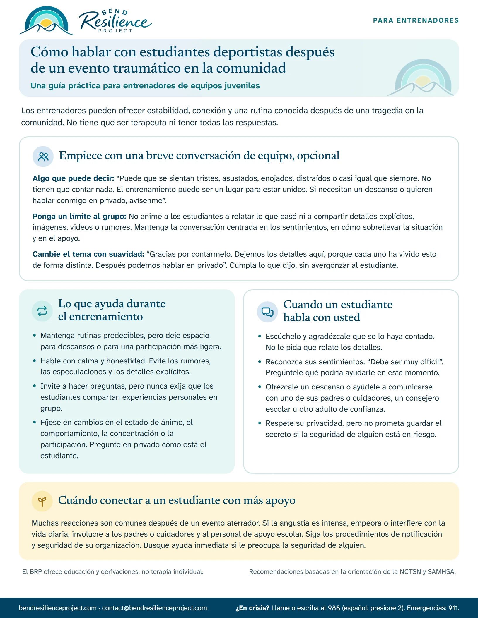 Las páginas de “Cómo hablar con estudiantes deportistas después de un evento traumático en la comunidad”. Descargue el PDF para imprimirlo o leerlo como texto.